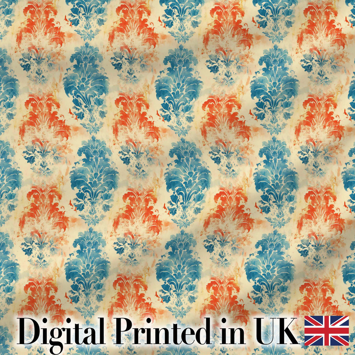 Distressed Blue Red Grunge Damask Seamless Pattern Digital Print Fabric by the Metre UK Sewing Quilting Textile
