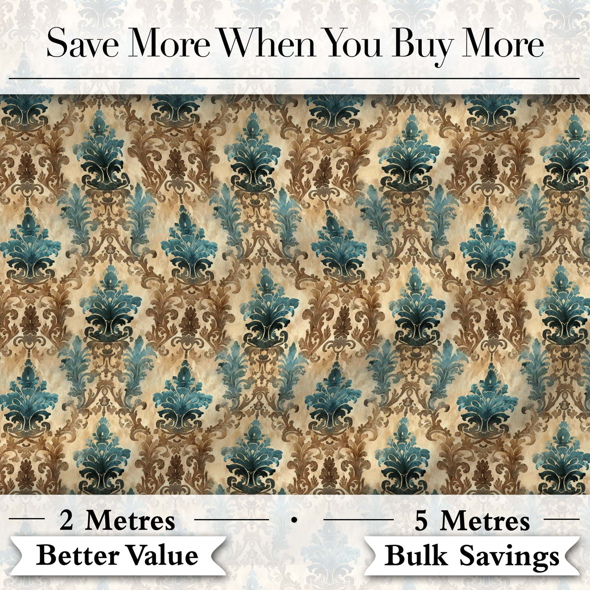 Antique Brown Teal Baroque Damask Classic Seamless Pattern Digital Print Fabric by the Metre UK Sewing Quilting Textile