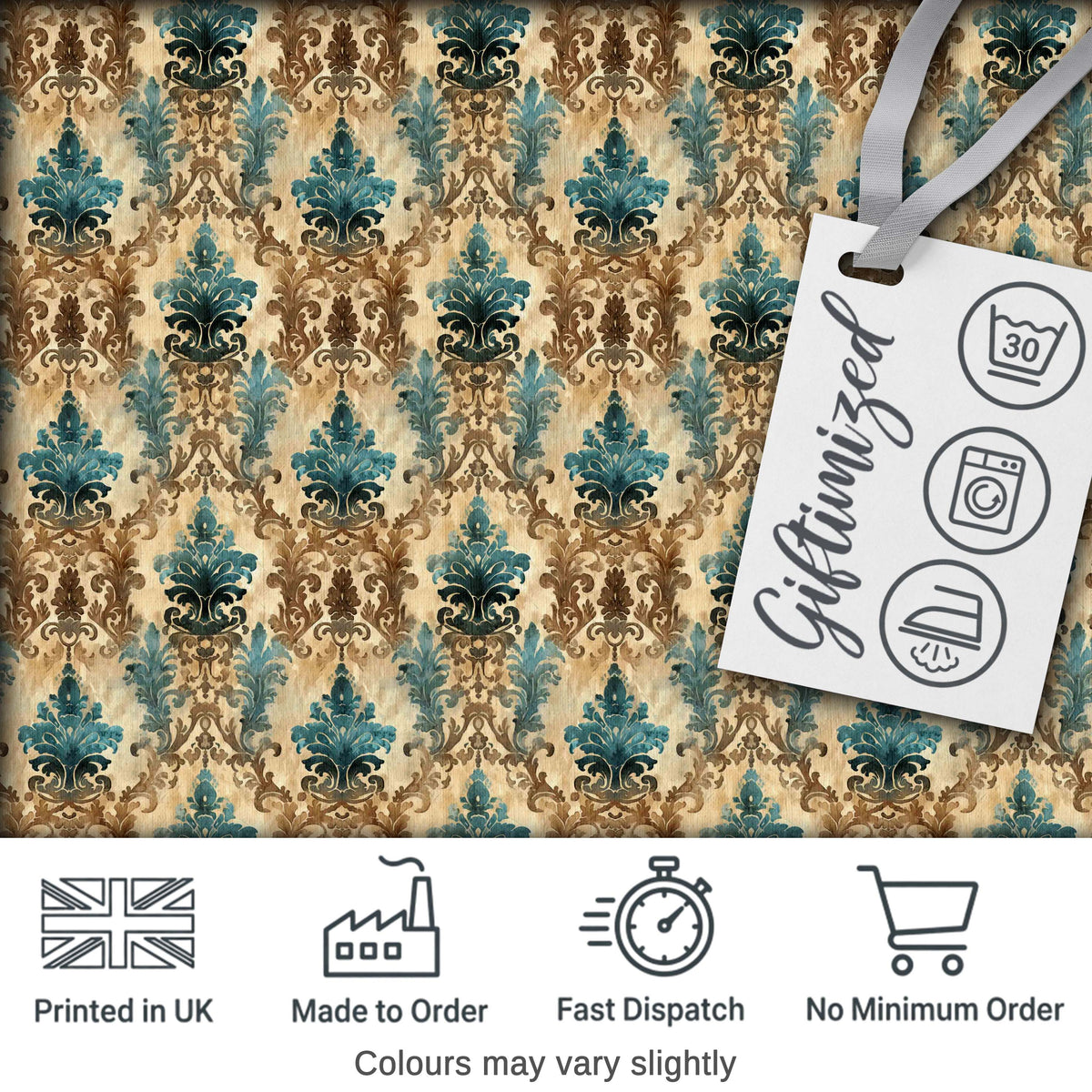Antique Brown Teal Baroque Damask Classic Seamless Pattern Digital Print Fabric by the Metre UK Sewing Quilting Textile