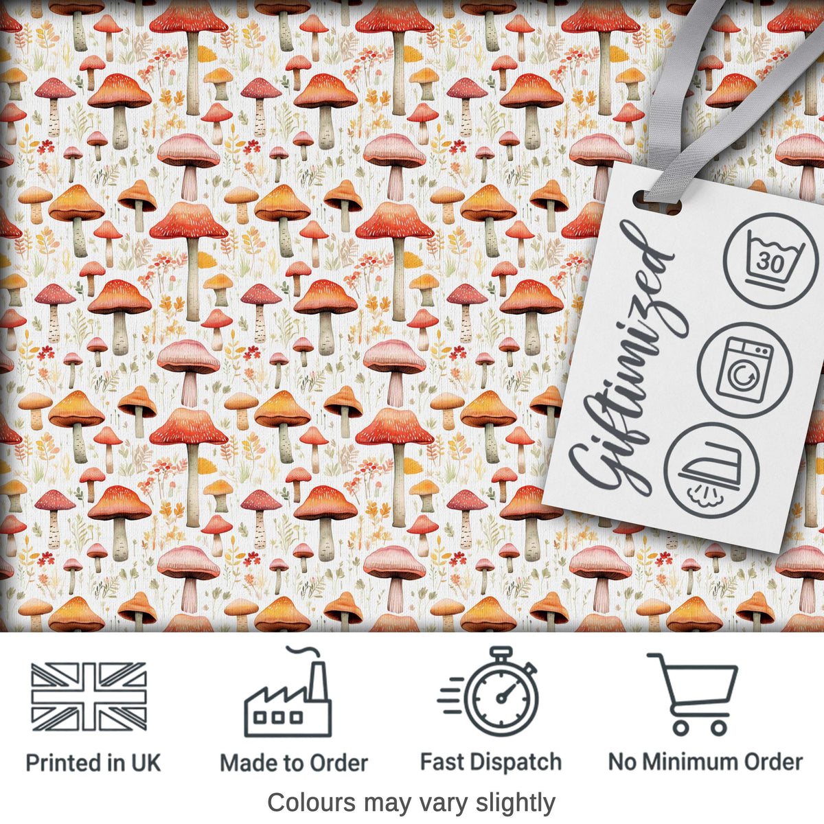 Autumn Orange Woodland Mushroom Botanical Seamless Pattern Digital Print Fabric by the Metre UK Sewing Quilting Textile