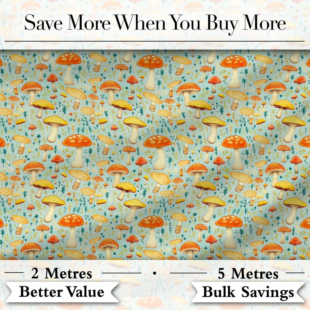 Bright Yellow Mushroom Botanical Garden Seamless Pattern Digital Print Fabric by the Metre UK Sewing Quilting Textile