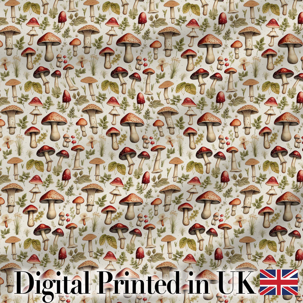 Rustic Woodland Mushroom Leaves Nature Seamless Pattern Digital Print Fabric by the Metre UK Sewing Quilting Textile