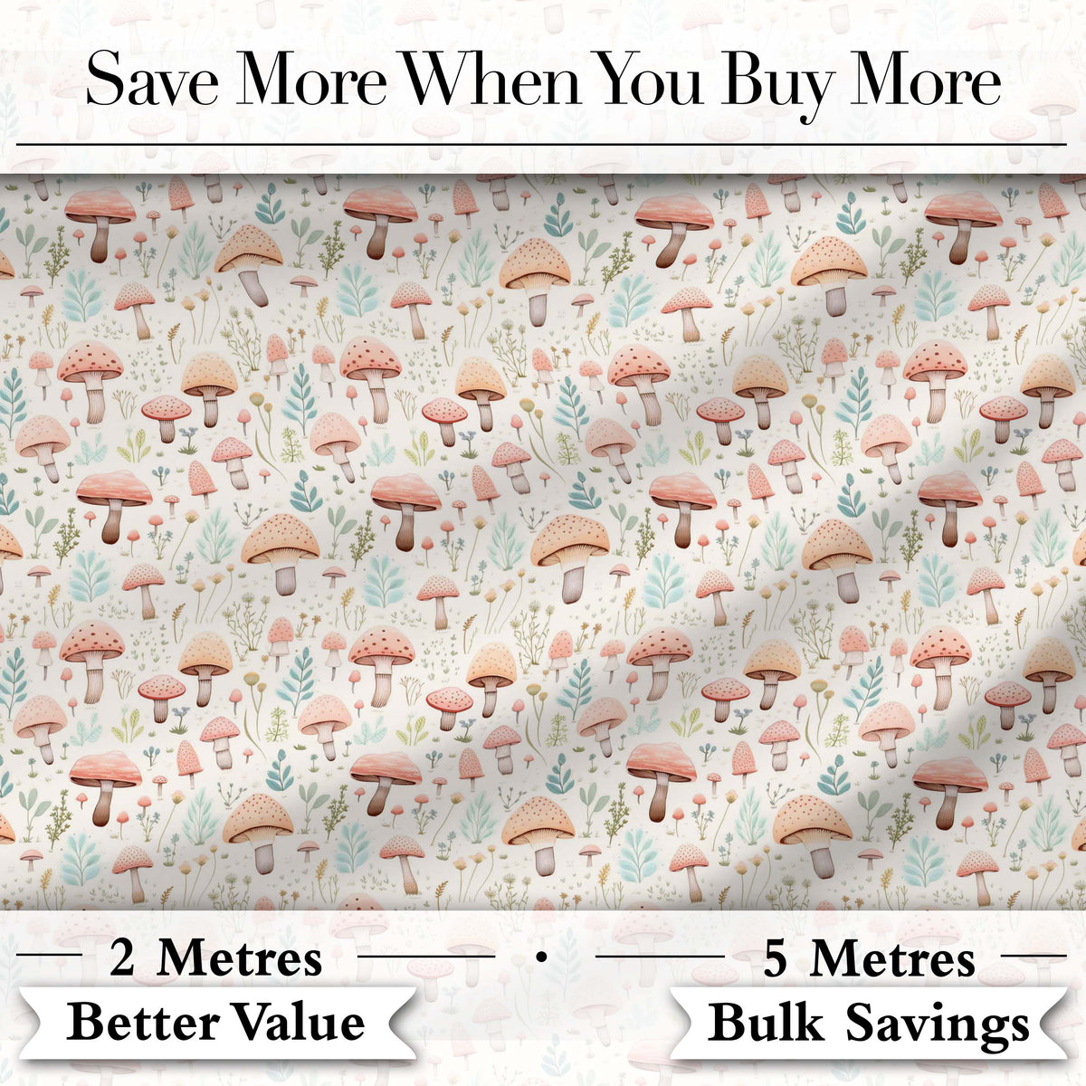 Delicate Pastel Mushroom Botanical Meadow Seamless Pattern Digital Print Fabric by the Metre UK Sewing Quilting Textile