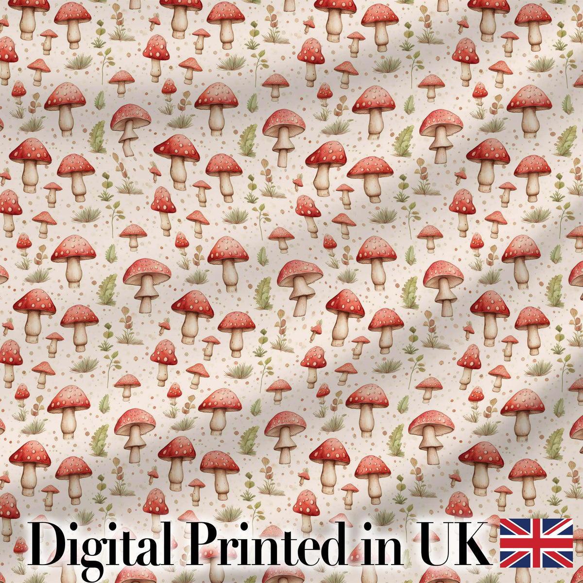 Minimal Red Mushroom Ditsy Nature Seamless Pattern Digital Print Fabric by the Metre UK Sewing Quilting Textile