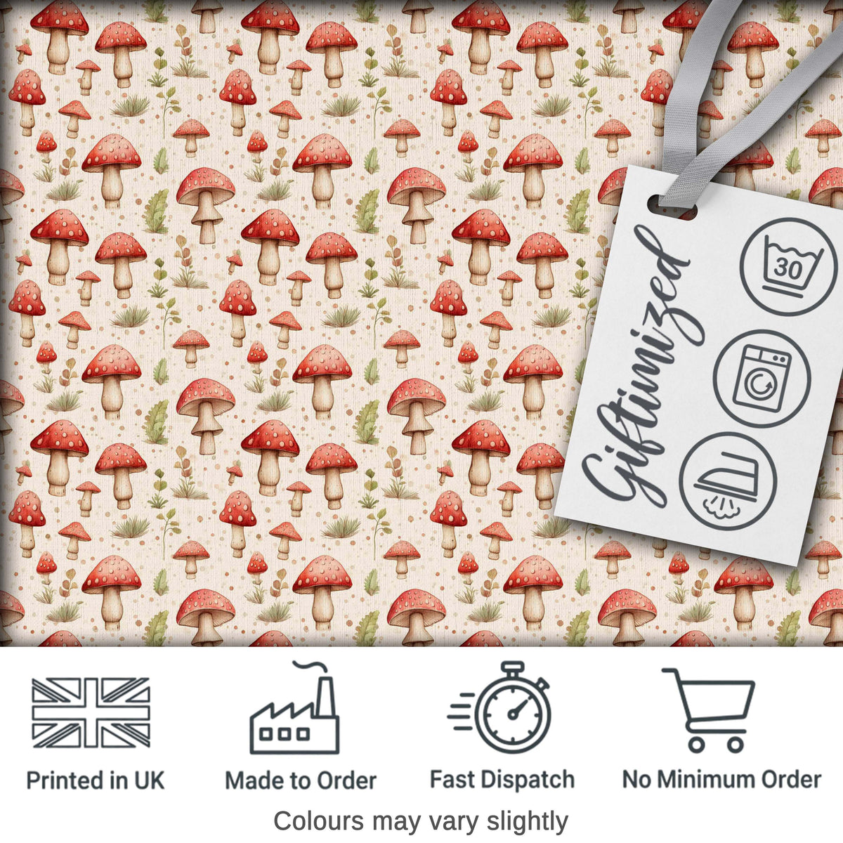 Minimal Red Mushroom Ditsy Nature Seamless Pattern Digital Print Fabric by the Metre UK Sewing Quilting Textile