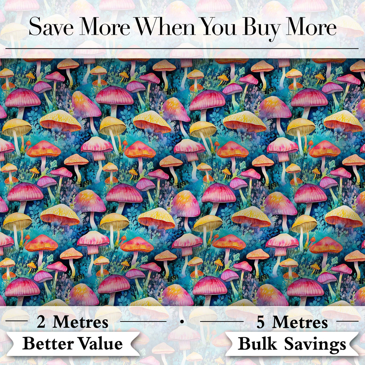 Vibrant Neon Fantasy Mushroom Forest Seamless Pattern Digital Print Fabric by the Metre UK Sewing Quilting Textile