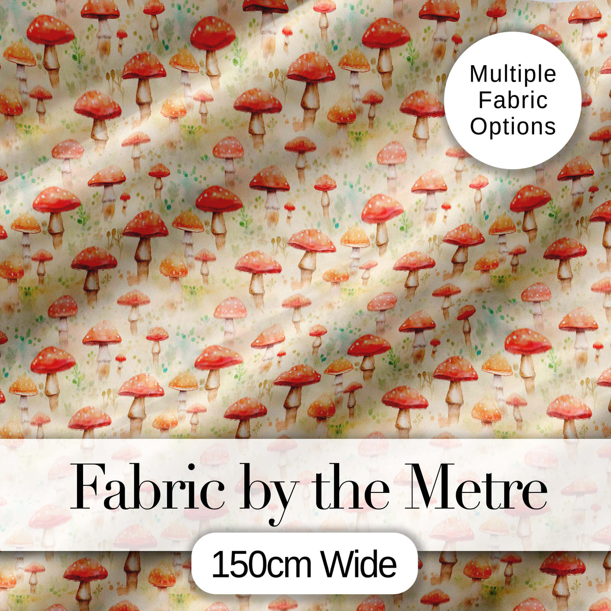 Soft Watercolor Red Mushroom Nature Seamless Pattern Digital Print Fabric by the Metre UK Sewing Quilting Textile