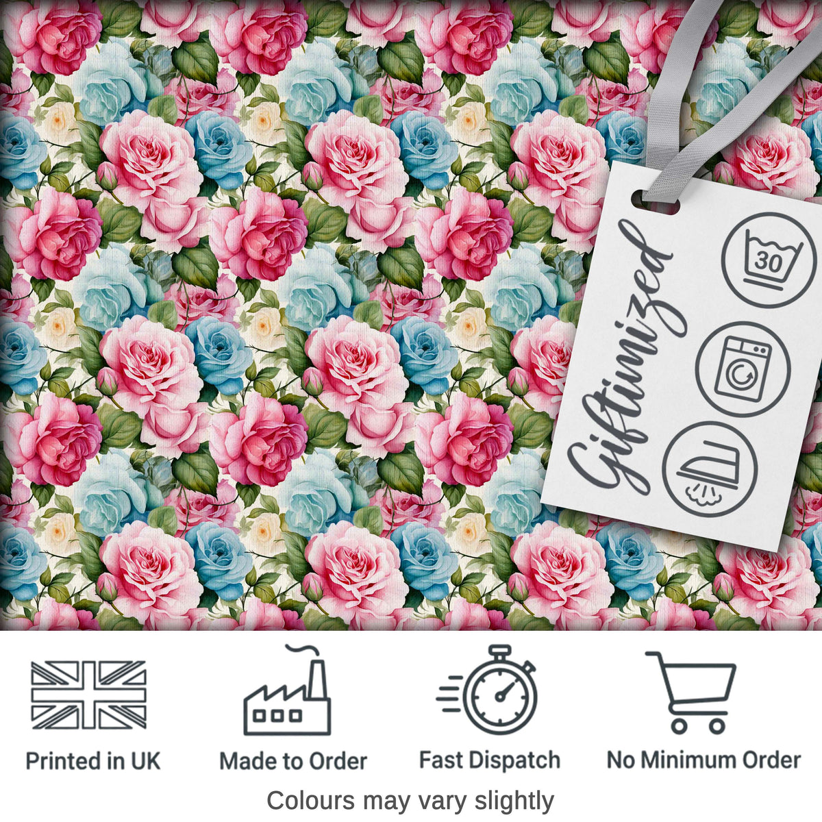 Elegant Pink Blue Rose Floral Seamless Pattern Digital Print Fabric by the Metre UK Sewing Quilting Textile