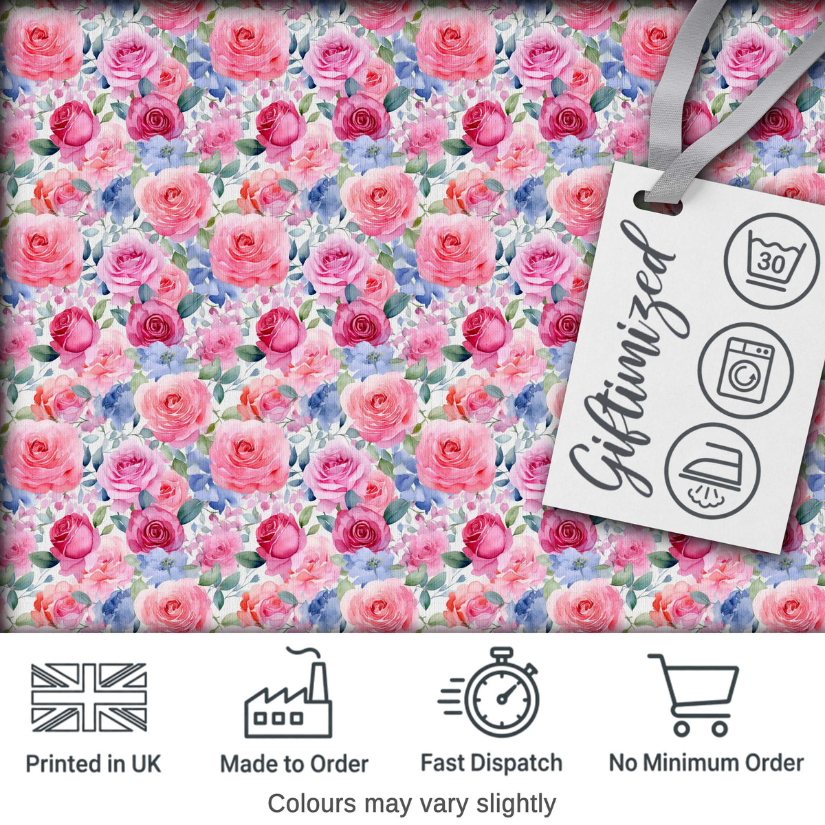 Romantic Watercolor Roses Floral Garden Seamless Pattern Digital Print Fabric by the Metre UK Sewing Quilting Textile