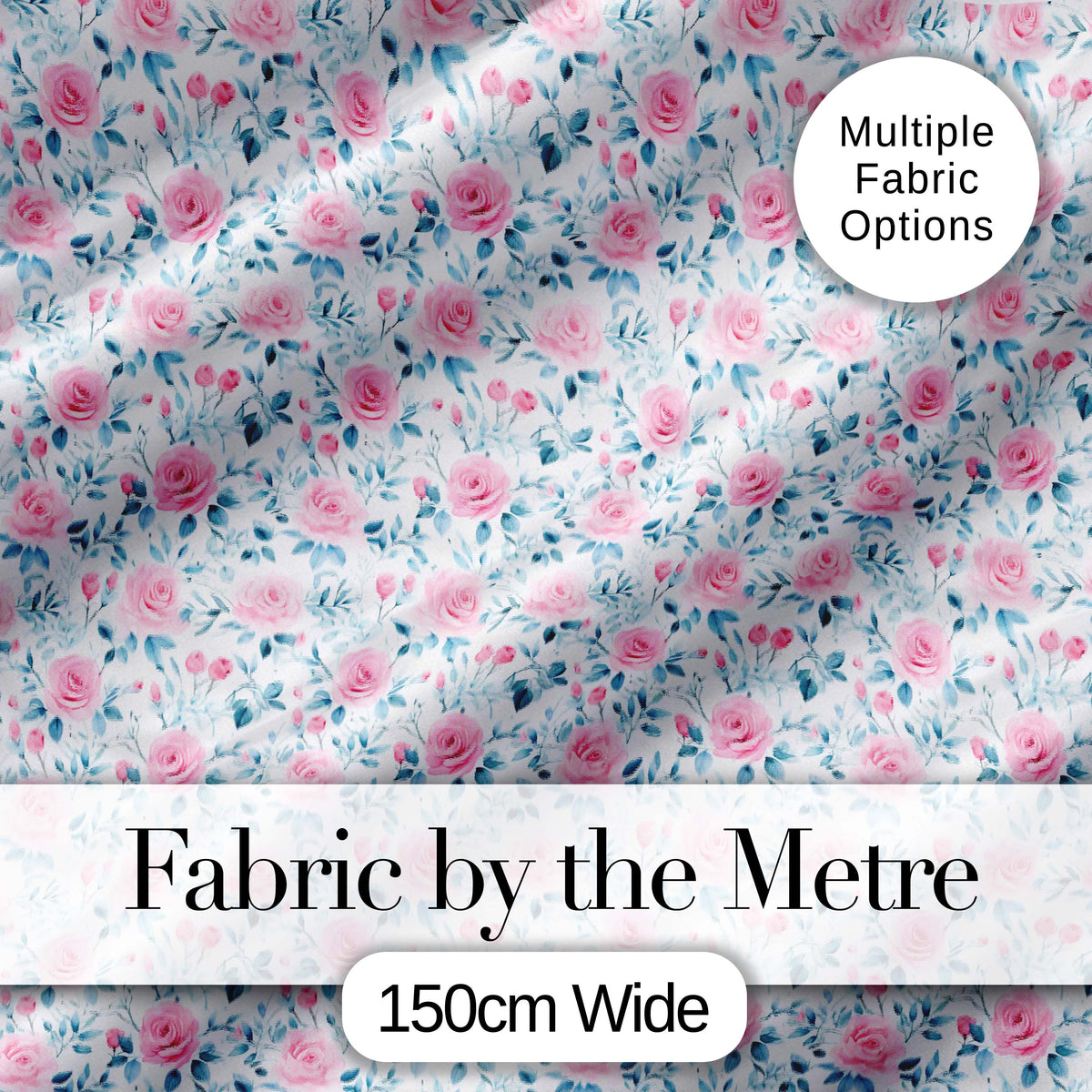 Soft Pink Blue Rose Floral Delicate Seamless Pattern Digital Print Fabric by the Metre UK Sewing Quilting Textile