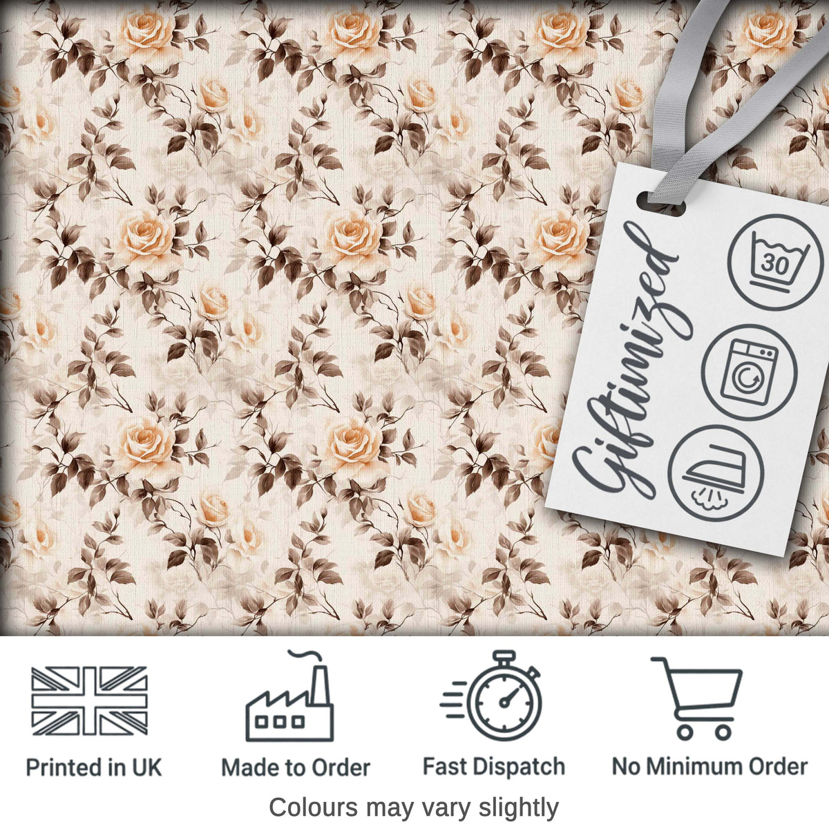 Vintage Sepia Rose Botanical Floral Seamless Pattern Digital Print Fabric by the Metre UK Sewing Quilting Textile