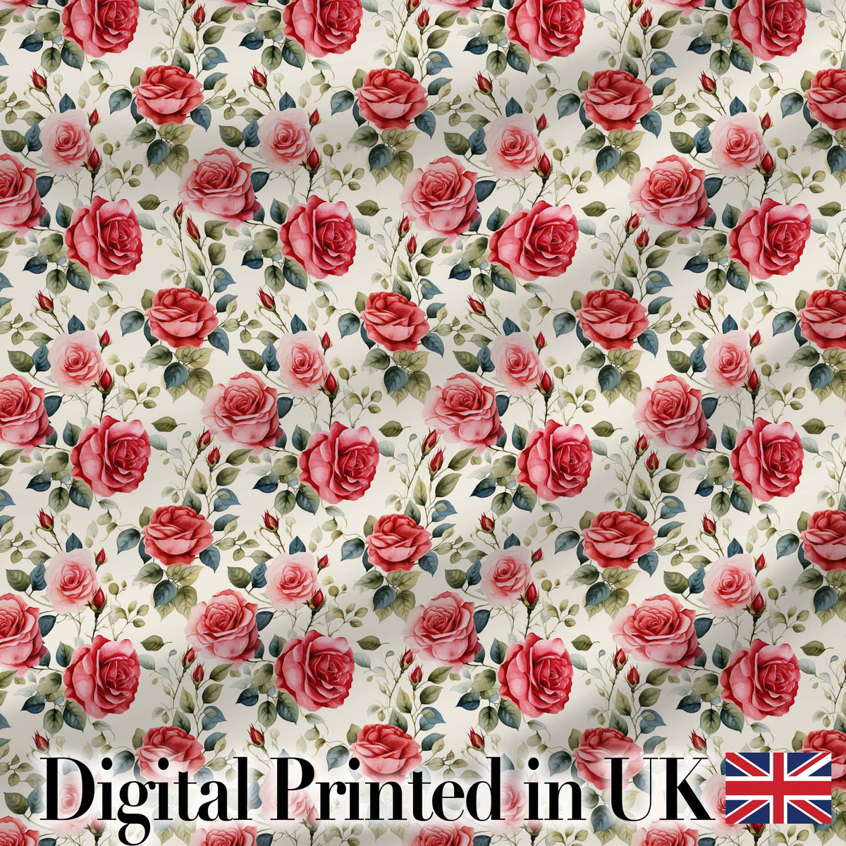 Timeless Red Pink Rose Botanical Seamless Pattern Digital Print Fabric by the Metre UK Sewing Quilting Textile