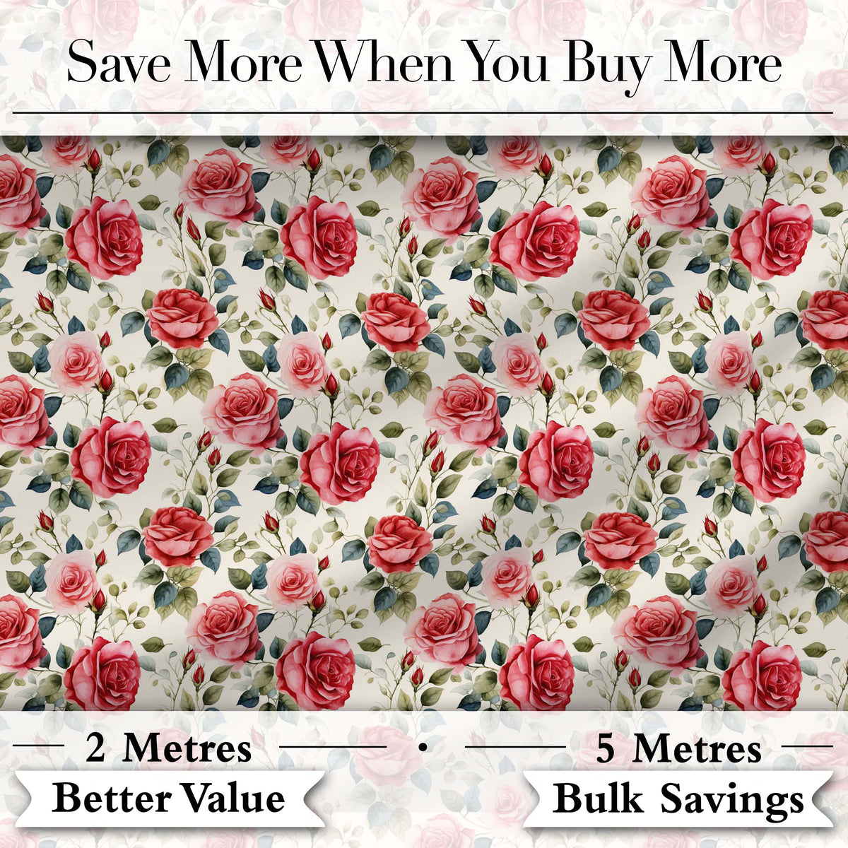 Timeless Red Pink Rose Botanical Seamless Pattern Digital Print Fabric by the Metre UK Sewing Quilting Textile
