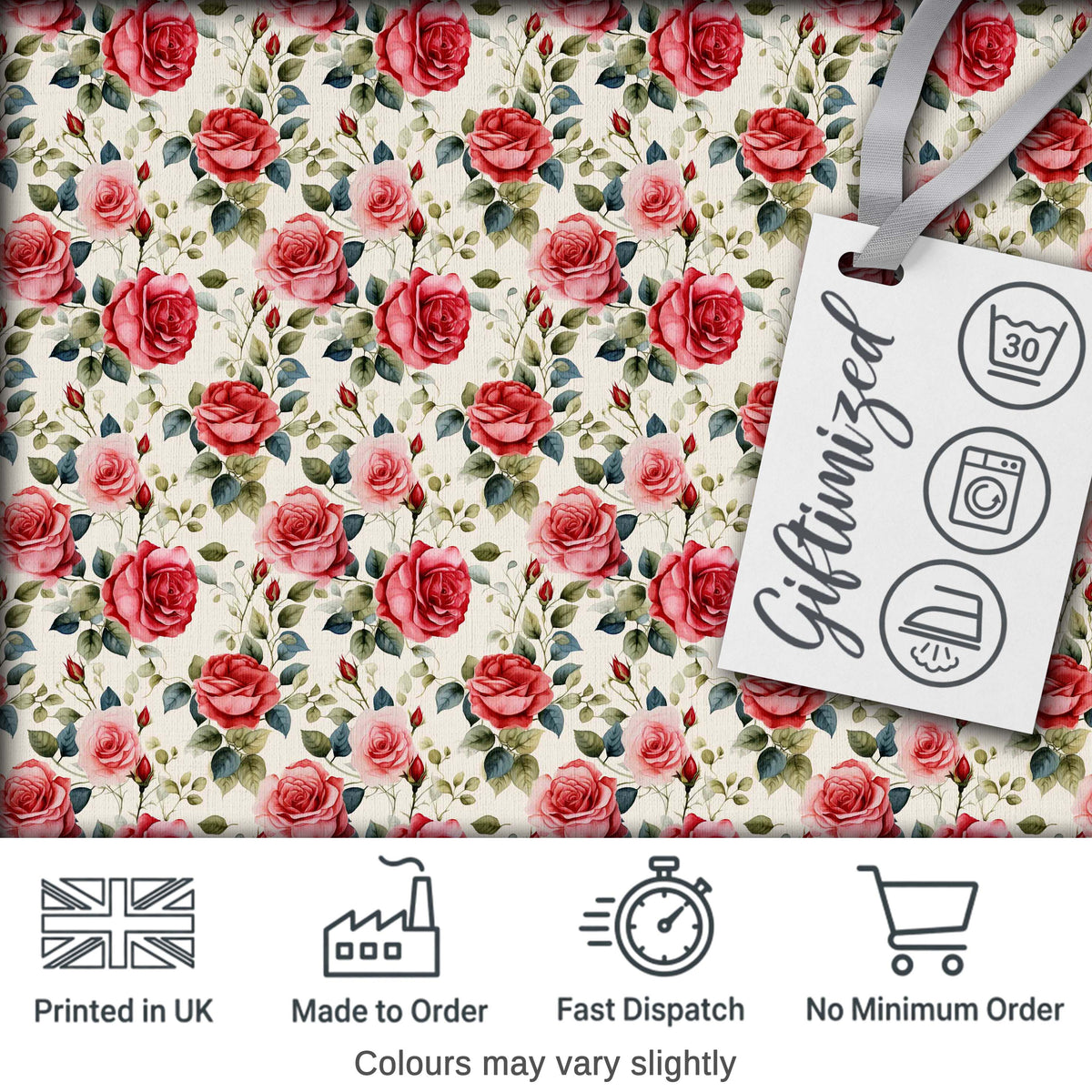 Timeless Red Pink Rose Botanical Seamless Pattern Digital Print Fabric by the Metre UK Sewing Quilting Textile