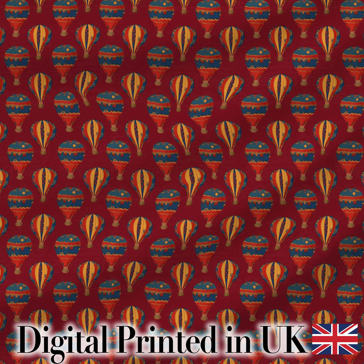 Classic Vintage Hot Air Balloon Red Background Seamless Pattern Digital Print Fabric by the Metre UK Sewing Quilting Textile