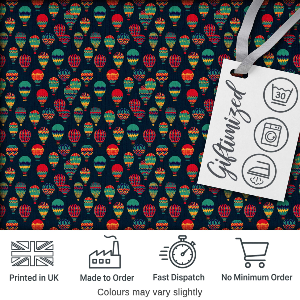 Dark Background Colorful Hot Air Balloons Seamless Pattern Digital Print Fabric by the Metre UK Sewing Quilting Textile