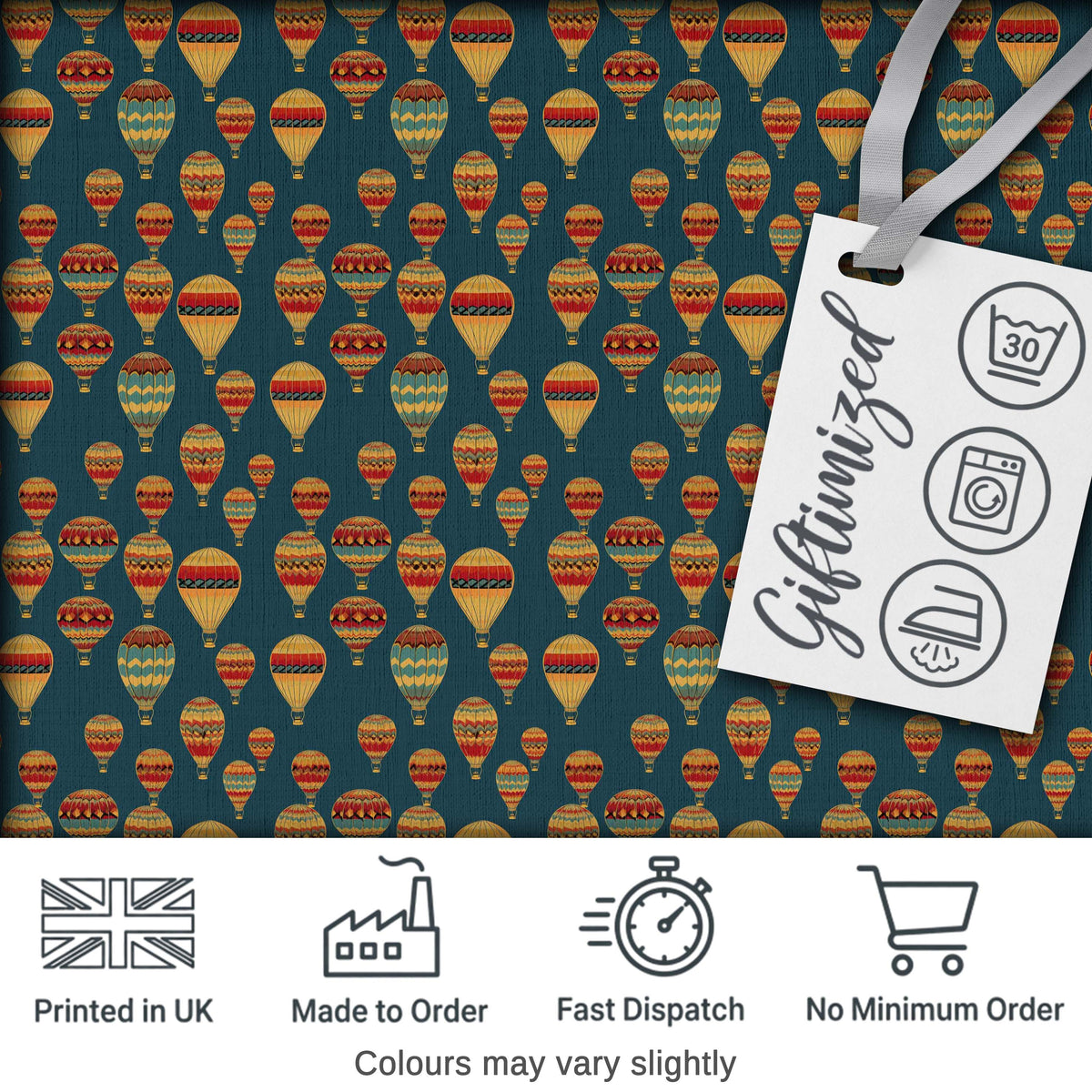 Vintage Style Hot Air Balloons on Teal Sky Seamless Pattern Digital Print Fabric by the Metre UK Sewing Quilting Textile