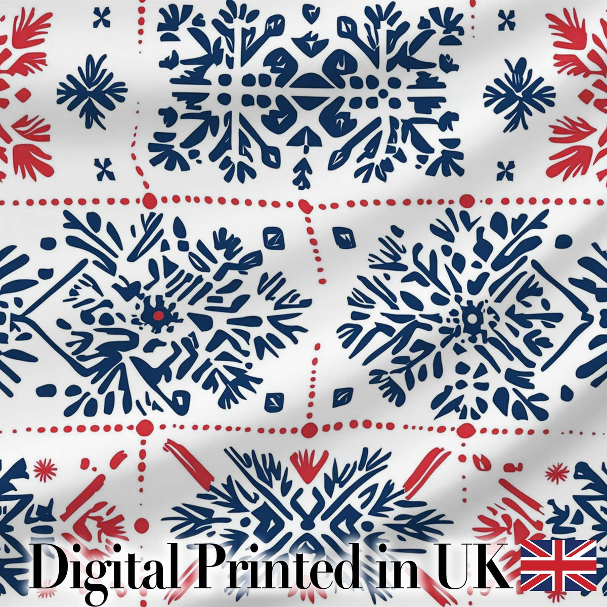 Folk Art Blue and Red Floral Symmetry Seamless Pattern Digital Print Fabric by the Metre UK Sewing Quilting Textile