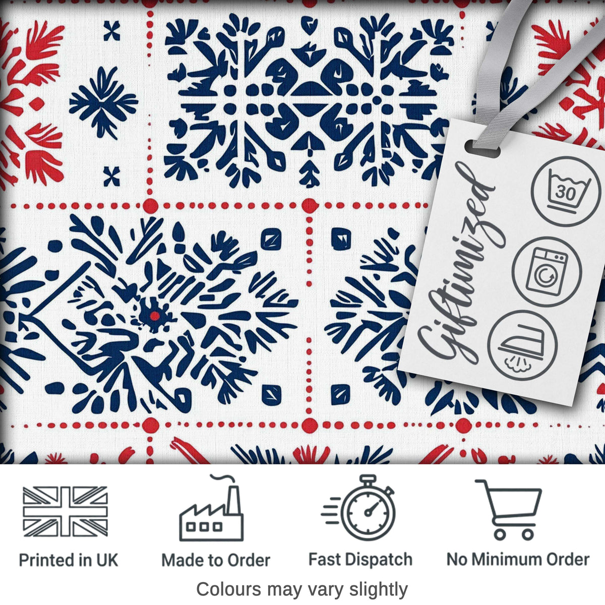 Folk Art Blue and Red Floral Symmetry Seamless Pattern Digital Print Fabric by the Metre UK Sewing Quilting Textile