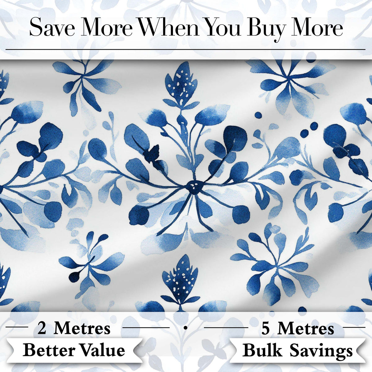Blue Watercolor Floral Botanical Seamless Pattern Digital Print Fabric by the Metre UK Sewing Quilting Textile