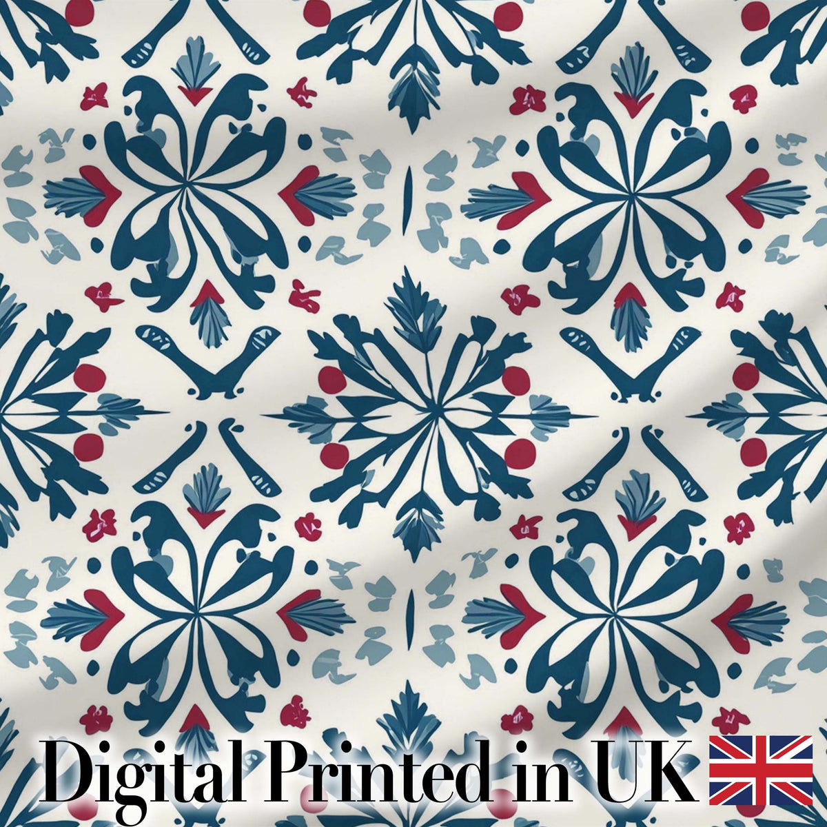 Folk Art Floral Symmetry Blue Red Seamless Pattern Digital Print Fabric by the Metre UK Sewing Quilting Textile