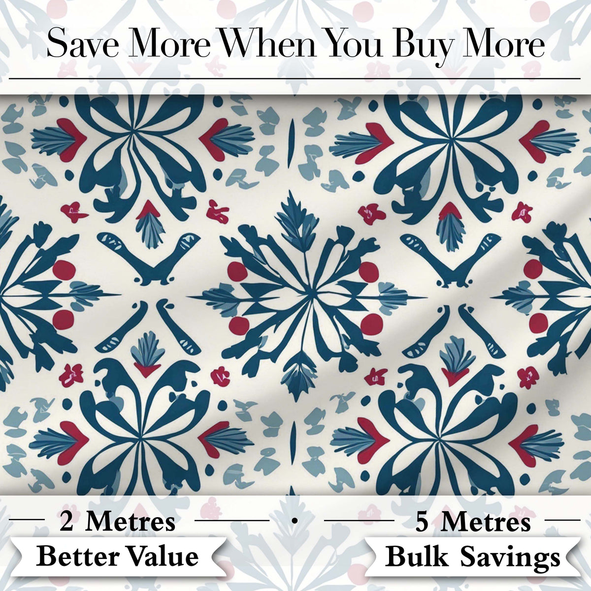 Folk Art Floral Symmetry Blue Red Seamless Pattern Digital Print Fabric by the Metre UK Sewing Quilting Textile