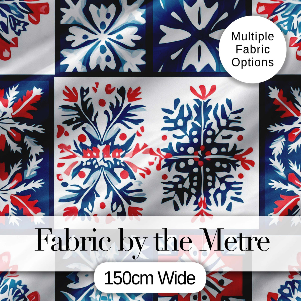 Decorative Tile Folk Pattern Blue Red Seamless Pattern Digital Print Fabric by the Metre UK Sewing Quilting Textile