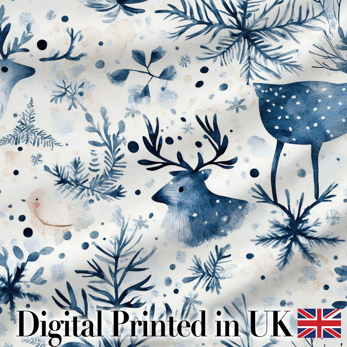 Winter Woodland Deer Botanical Seamless Pattern Digital Print Fabric by the Metre UK Sewing Quilting Textile
