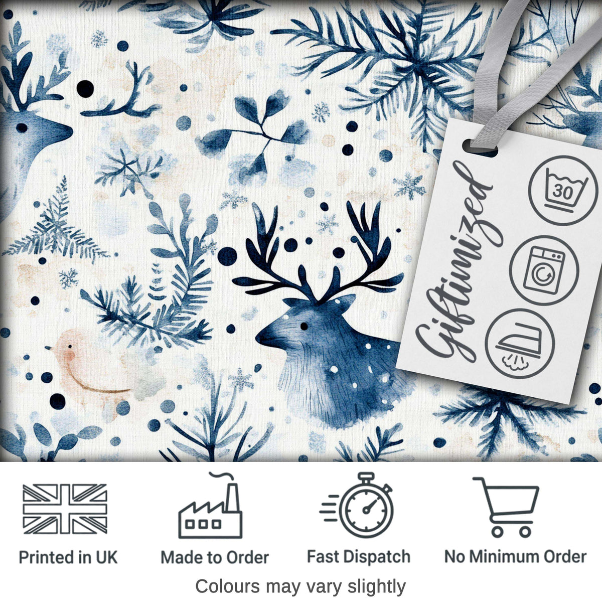 Winter Woodland Deer Botanical Seamless Pattern Digital Print Fabric by the Metre UK Sewing Quilting Textile