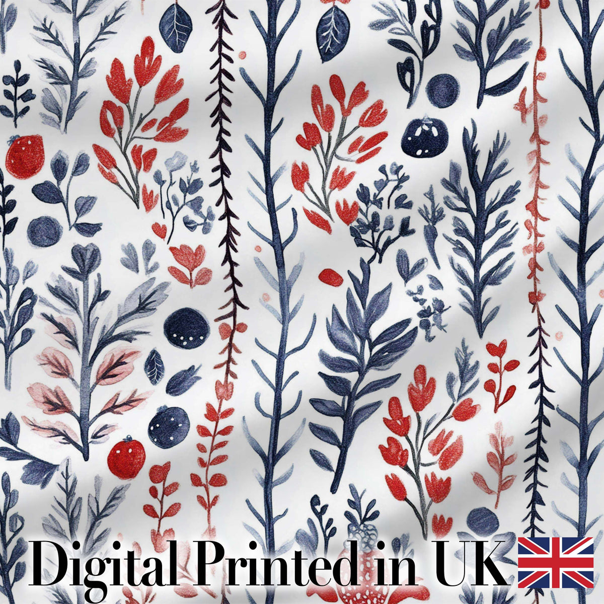 Scandinavian Botanical Red Blue Leaves Seamless Pattern Digital Print Fabric by the Metre UK Sewing Quilting Textile