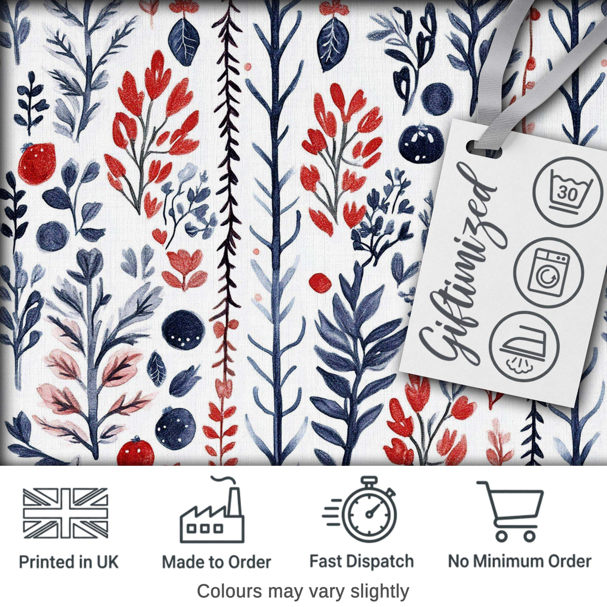 Scandinavian Botanical Red Blue Leaves Seamless Pattern Digital Print Fabric by the Metre UK Sewing Quilting Textile