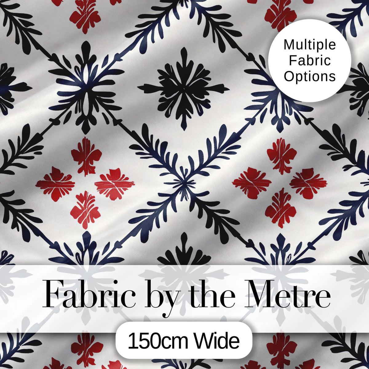Nordic Folk Floral Grid Blue Red Seamless Pattern Digital Print Fabric by the Metre UK Sewing Quilting Textile
