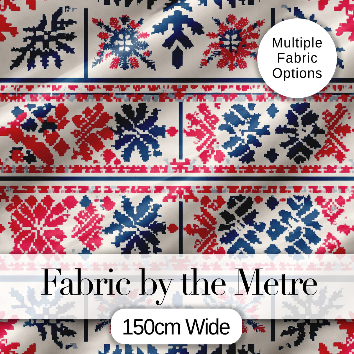 Minimal Folk Diamond Blue Red Seamless Pattern Digital Print Fabric by the Metre UK Sewing Quilting Textile