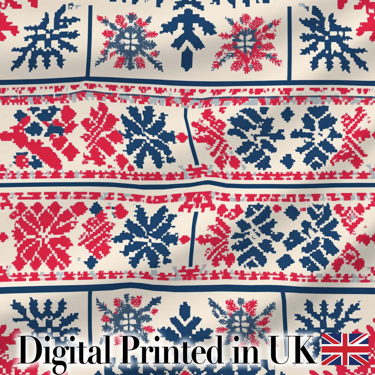 Minimal Folk Diamond Blue Red Seamless Pattern Digital Print Fabric by the Metre UK Sewing Quilting Textile