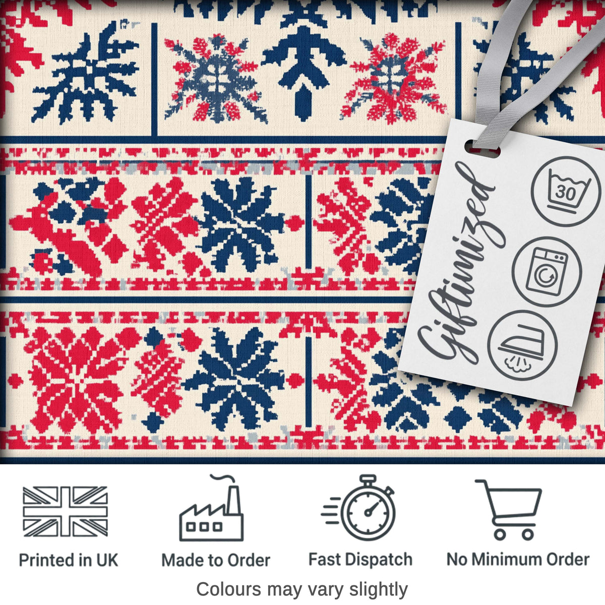 Minimal Folk Diamond Blue Red Seamless Pattern Digital Print Fabric by the Metre UK Sewing Quilting Textile