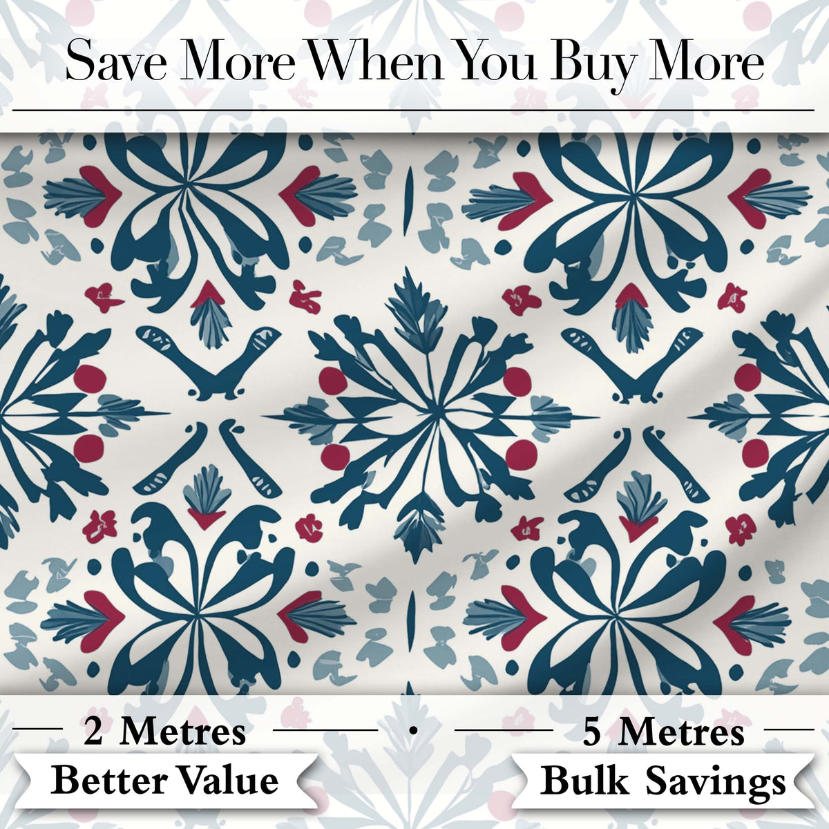 Decorative Folk Floral Symmetry Blue Red Seamless Pattern Digital Print Fabric by the Metre UK Sewing Quilting Textile