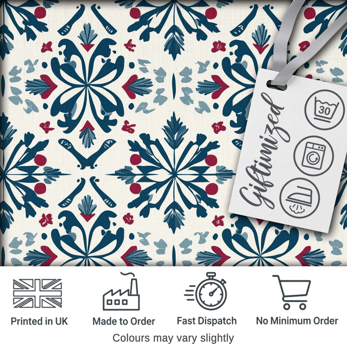 Decorative Folk Floral Symmetry Blue Red Seamless Pattern Digital Print Fabric by the Metre UK Sewing Quilting Textile