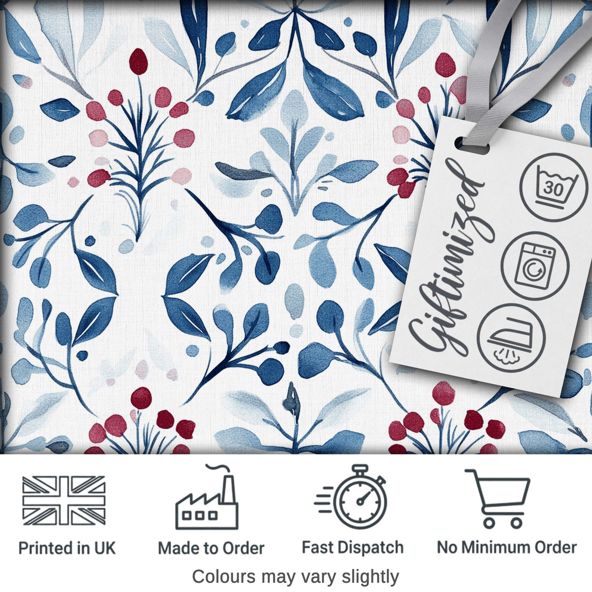 Blue Red Berry Botanical Folk Art Seamless Pattern Digital Print Fabric by the Metre UK Sewing Quilting Textile