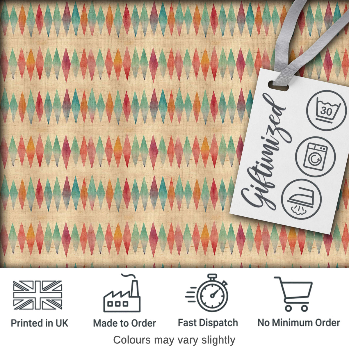 Colorful Geometric Diamond Ikat Style Seamless Pattern Digital Print Fabric by the Metre UK Sewing Quilting Textile