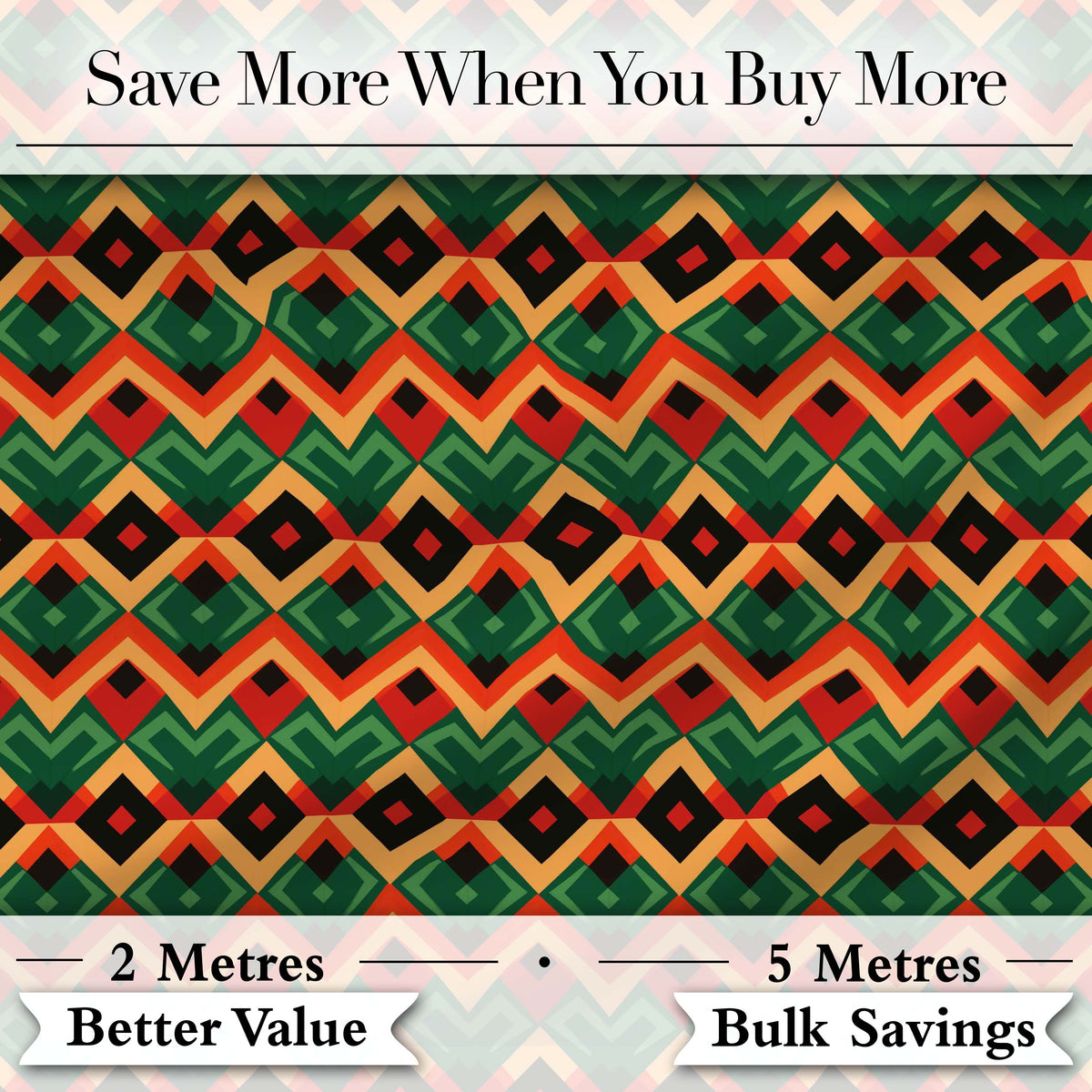 Bold Geometric Tribal Diamond Red Green Seamless Pattern Digital Print Fabric by the Metre UK Sewing Quilting Textile