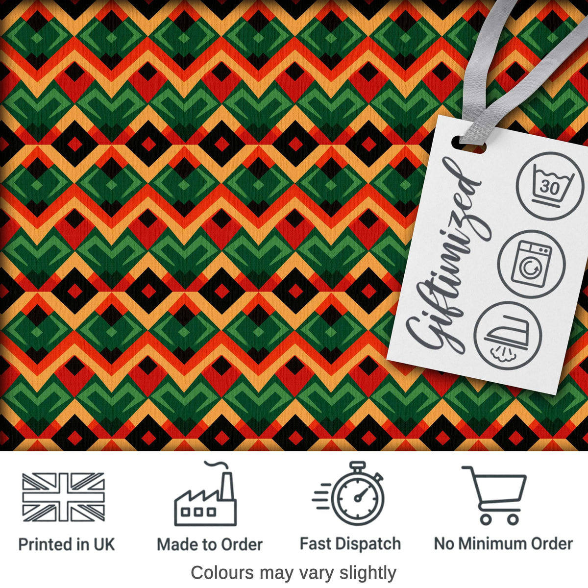 Bold Geometric Tribal Diamond Red Green Seamless Pattern Digital Print Fabric by the Metre UK Sewing Quilting Textile