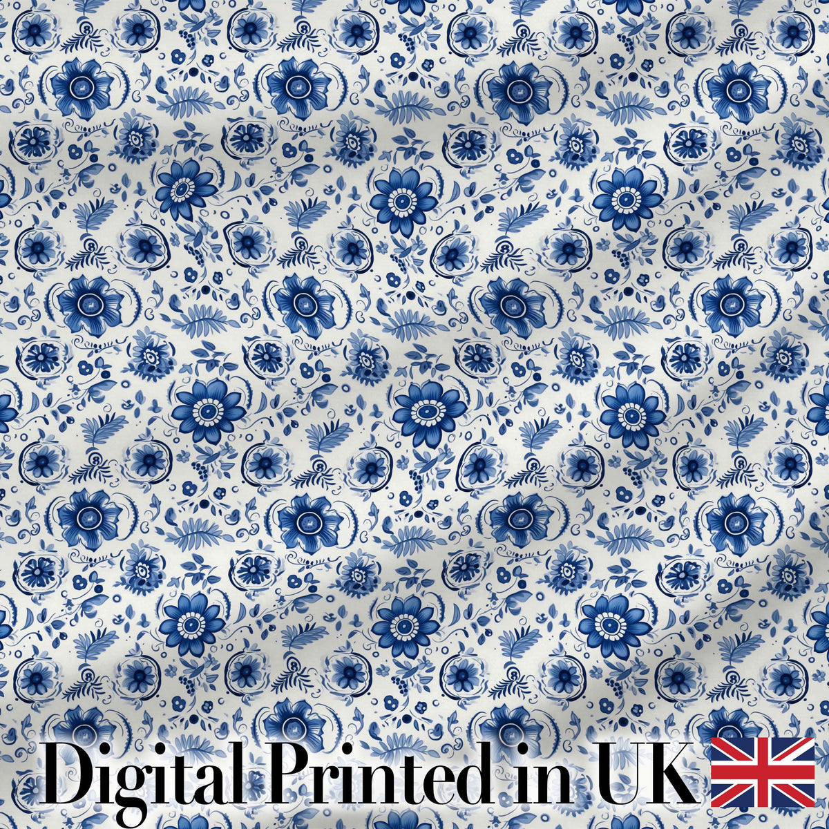 Blue Floral Folk Art Botanical Seamless Pattern Digital Print Fabric by the Metre UK Sewing Quilting Textile