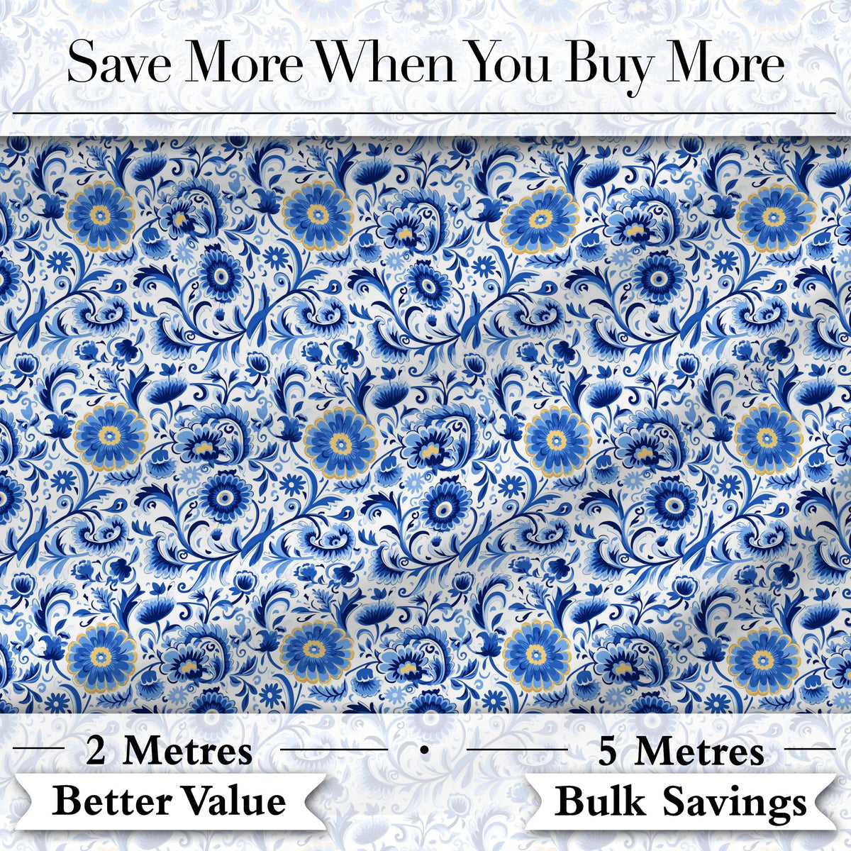 Blue Floral Vintage Folk Art Seamless Pattern Digital Print Fabric by the Metre UK Sewing Quilting Textile