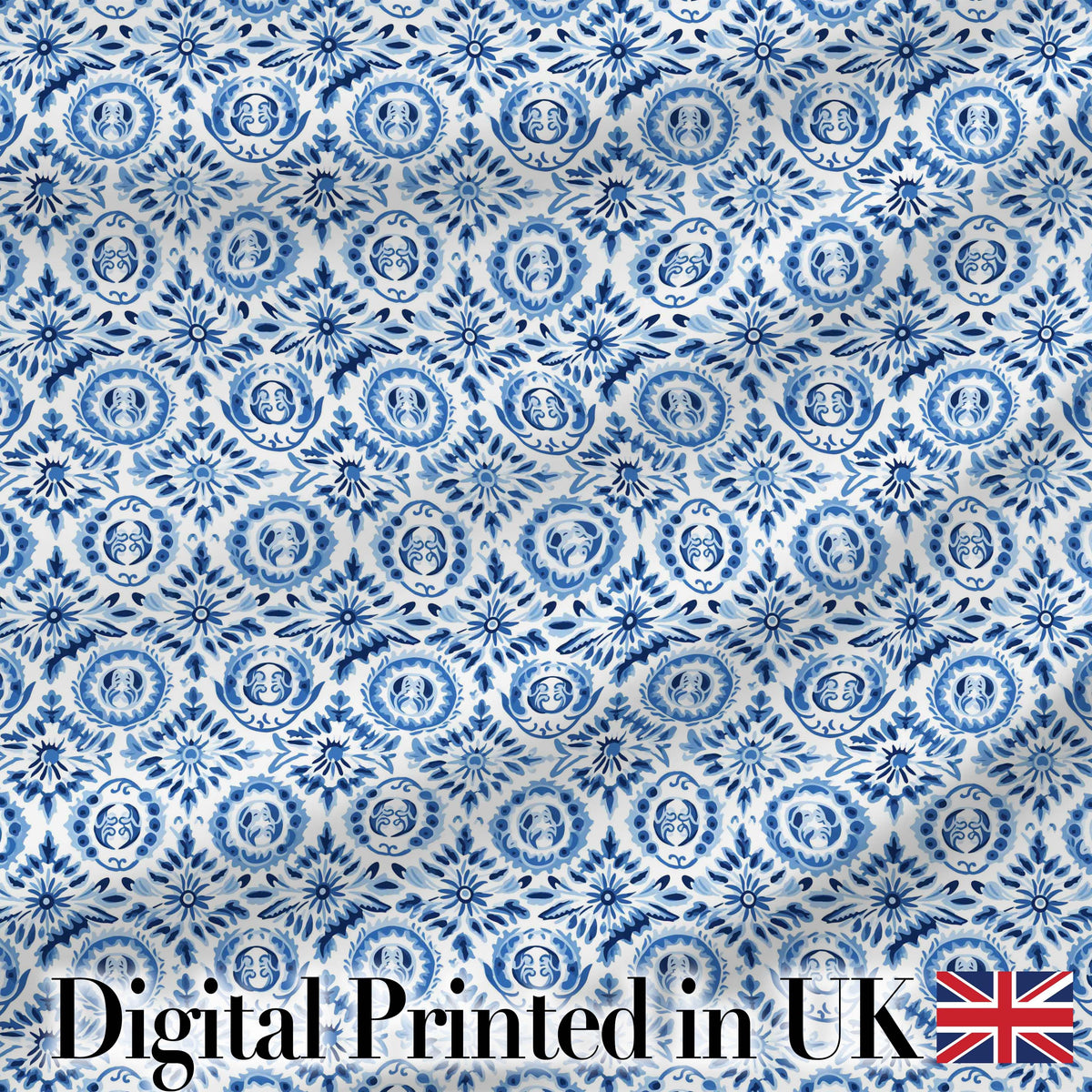 Blue Folk Art Ornamental Seamless Pattern Digital Print Fabric by the Metre UK Sewing Quilting Textile