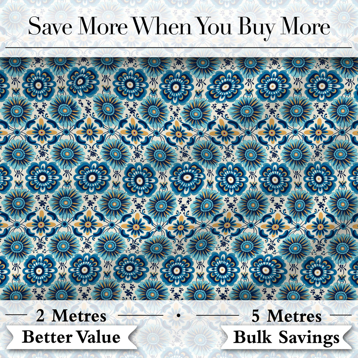 Blue Floral Geometric Tile Seamless Pattern Digital Print Fabric by the Metre UK Sewing Quilting Textile