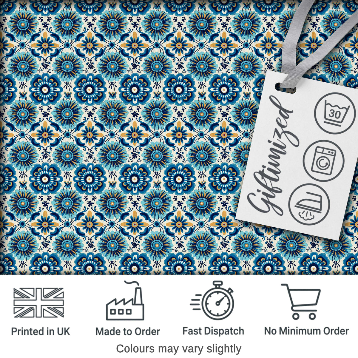 Blue Floral Geometric Tile Seamless Pattern Digital Print Fabric by the Metre UK Sewing Quilting Textile