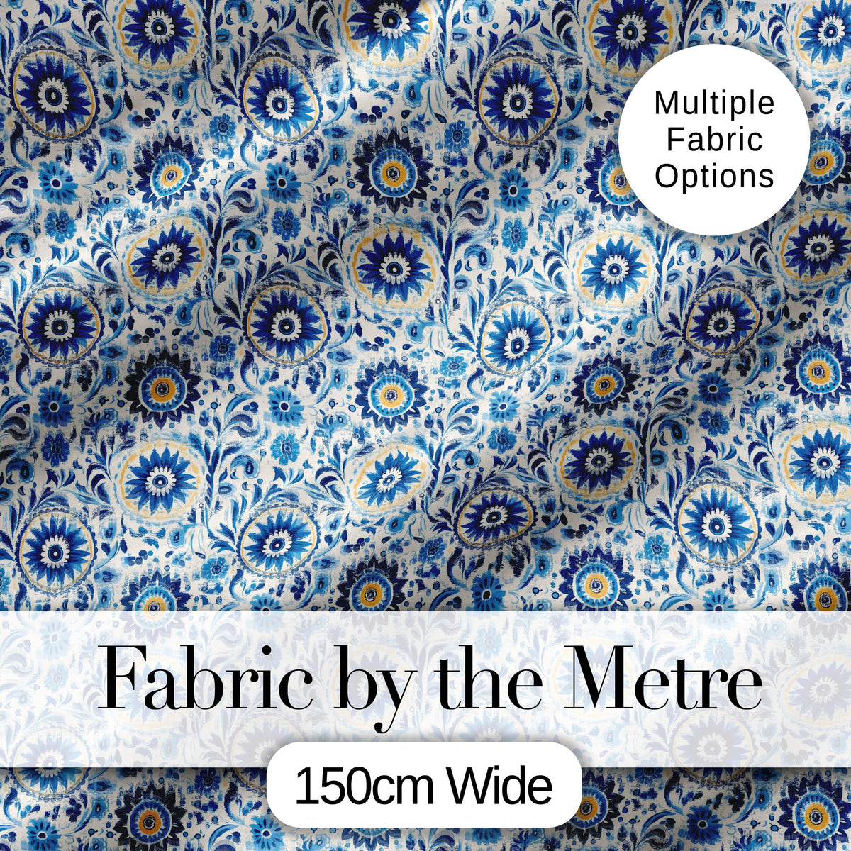 Blue Ornamental Folk Floral Seamless Pattern Digital Print Fabric by the Metre UK Sewing Quilting Textile