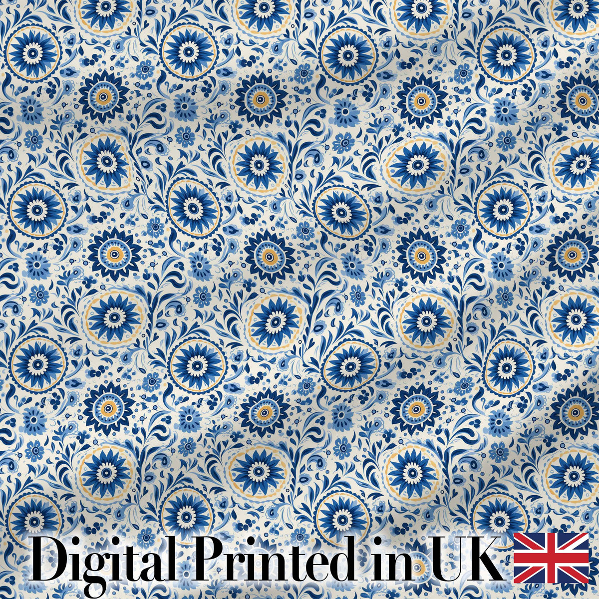 Blue Ornamental Folk Floral Seamless Pattern Digital Print Fabric by the Metre UK Sewing Quilting Textile