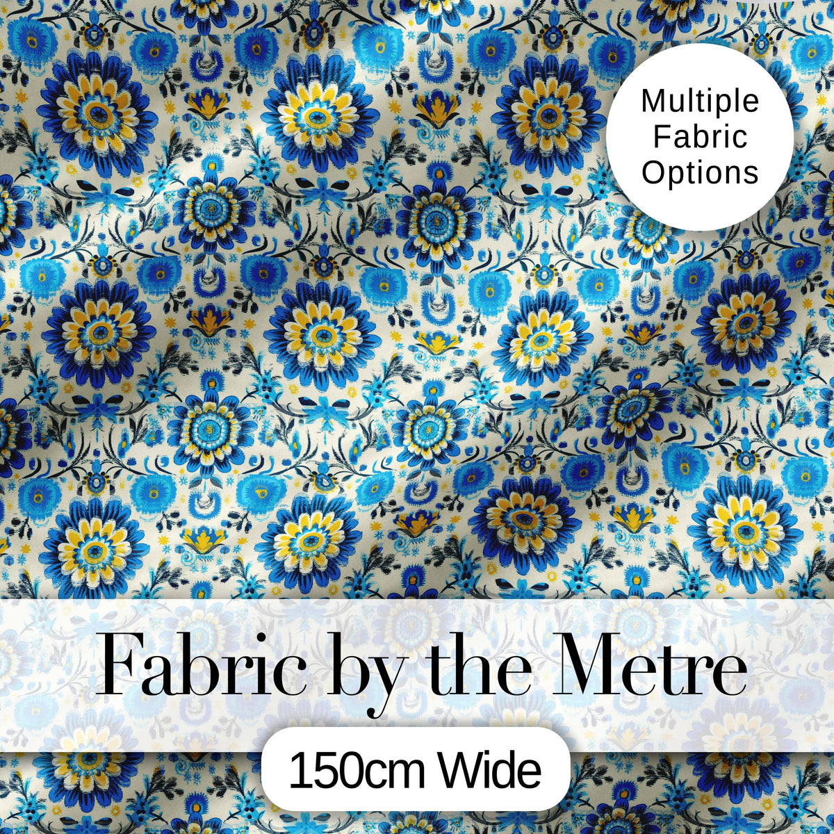 Blue Yellow Folk Art Floral Seamless Pattern Digital Print Fabric by the Metre UK Sewing Quilting Textile