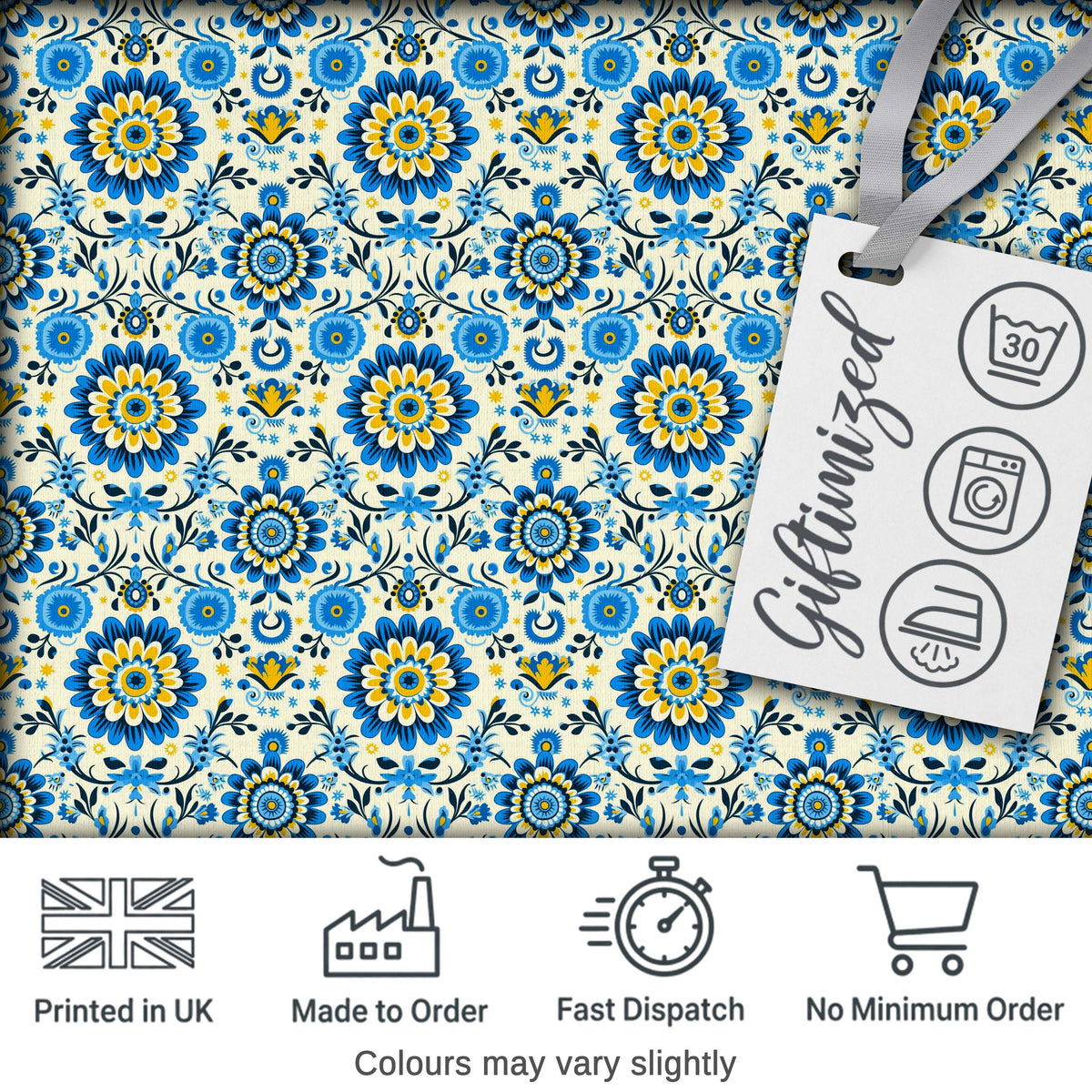 Blue Yellow Folk Art Floral Seamless Pattern Digital Print Fabric by the Metre UK Sewing Quilting Textile